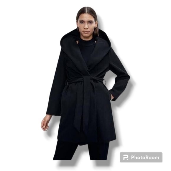 FREE SHIPPING 📬 Zara Hooded Belted Black Coat XSmall - Picture 5 of 7